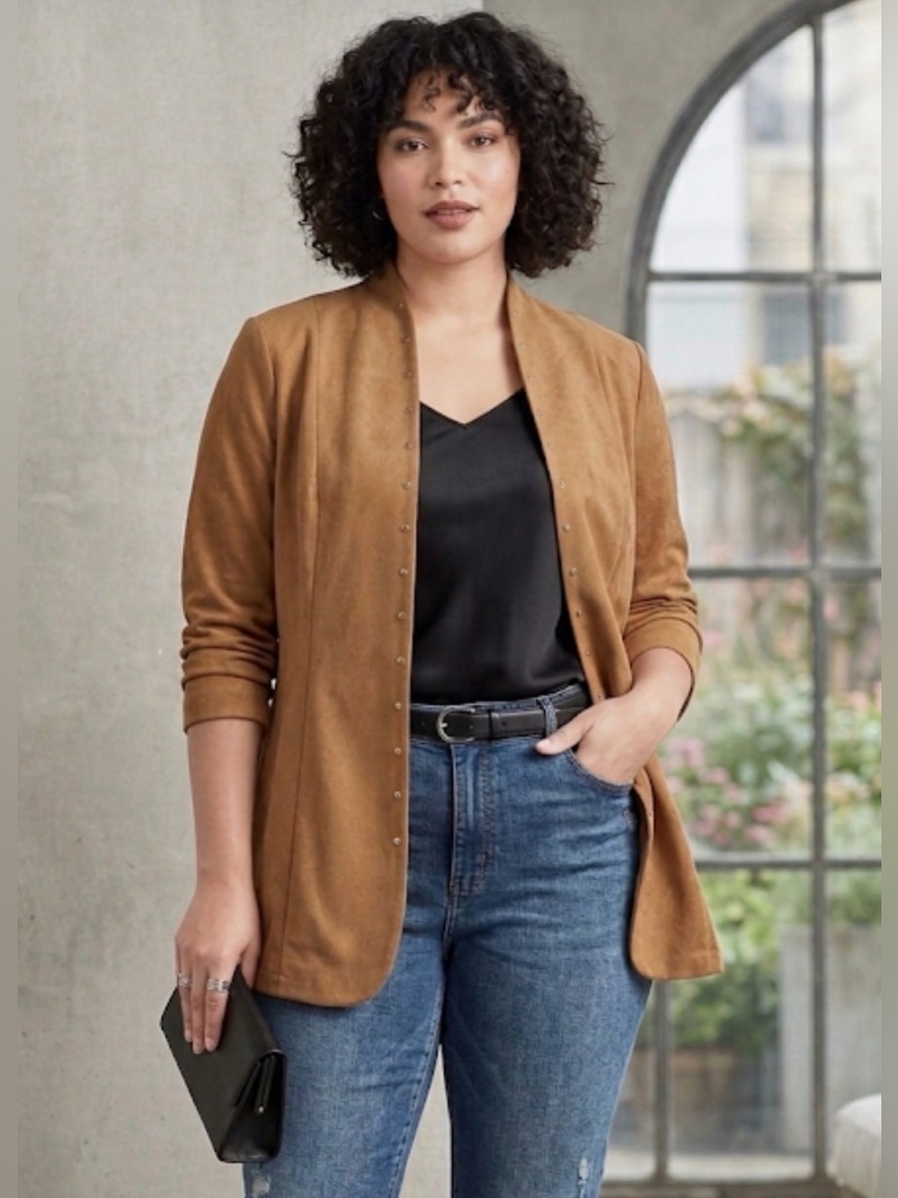 Love Scarlett Women's Open-Front Suede-Look Blazer Camel color 3/4 sleeve xl